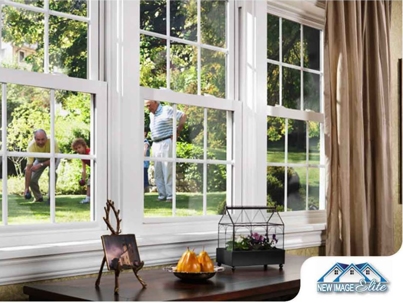 Large windows with people outside.